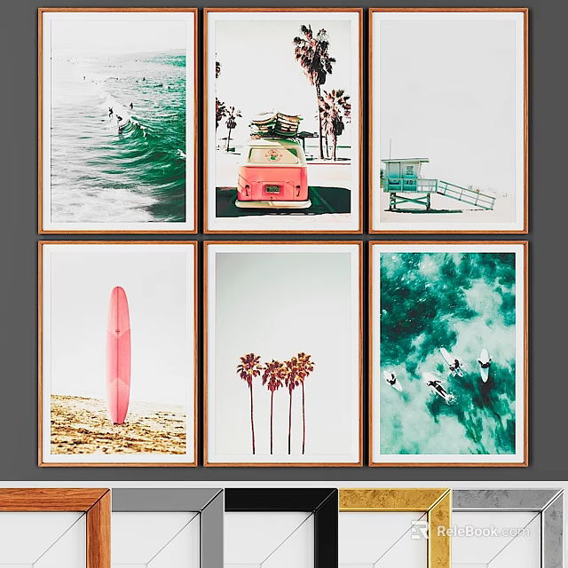 Framed Wall Art Collection With Ocean Waves Red Car Lifeguard Tower And Palm Trees 3d model 