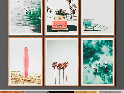 Framed Wall Art Collection With Ocean Waves Red Car Lifeguard Tower And Palm Trees 3d model