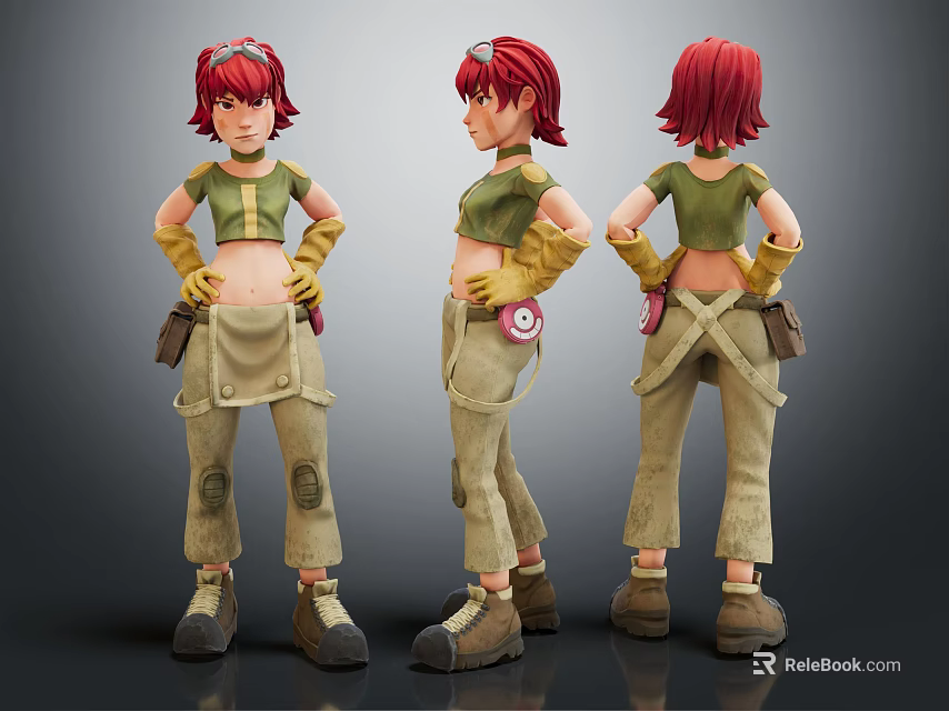 Red Haired Character 3D Model Displaying Multiple Angles Green Top Beige Overalls Yellow Gloves And Tool Pouch 3d model 