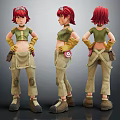Red Haired Character 3D Model Displaying Multiple Angles Green Top Beige Overalls Yellow Gloves And Tool Pouch