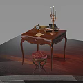 Elegant Mahogany Desk With Red Cushion Stool Candlestick And Books On Wooden Floor