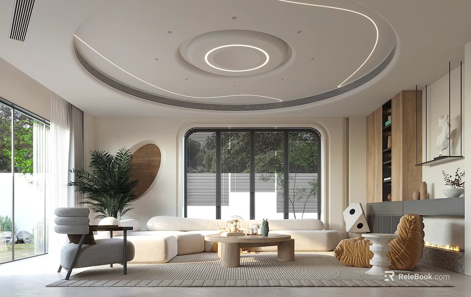 Modern Living Room Interior With Circular Ceiling Light And Cozy Furnishings 3d model 