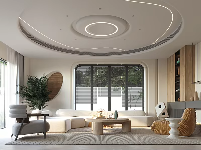 Modern Living Room Interior With Circular Ceiling Light And Cozy Furnishings 3d model