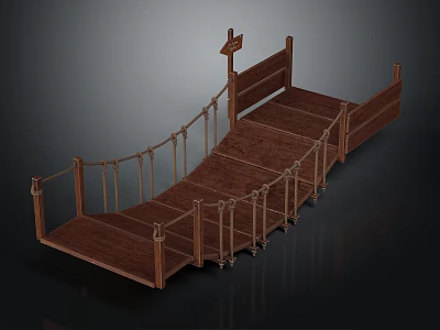 Wooden Pedestrian Bridge Structure With Rope Railings And Wooden Signpost 3d model