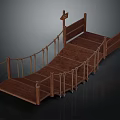 Wooden Pedestrian Bridge Structure With Rope Railings And Wooden Signpost