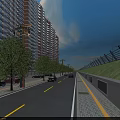 Road Facilities With Street Lamps Traffic Lanes Guardrails And Sidewalks Along High Rise Buildings