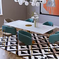 Round Dining Table Set with Green Chairs Gold Base Spherical Pendant Light Geometric Rug 3d model