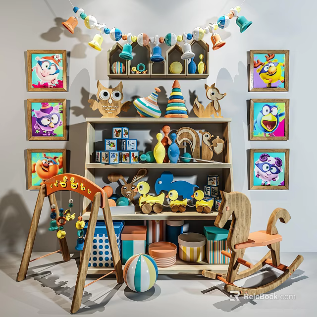 Building Blocks And Colorful Toys In Children's Room With Wooden Shelves And Decorative Paintings 3d model 