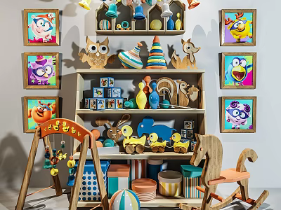 Building Blocks And Colorful Toys In Children's Room With Wooden Shelves And Decorative Paintings 3d model
