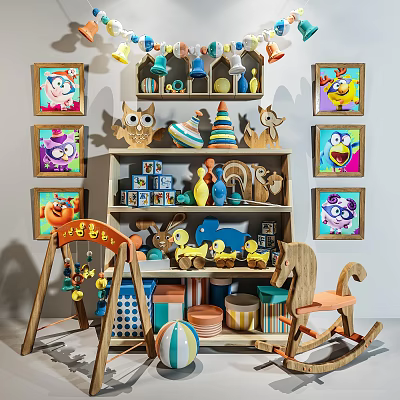 Building Blocks And Colorful Toys In Children's Room With Wooden Shelves And Decorative Paintings 3d model