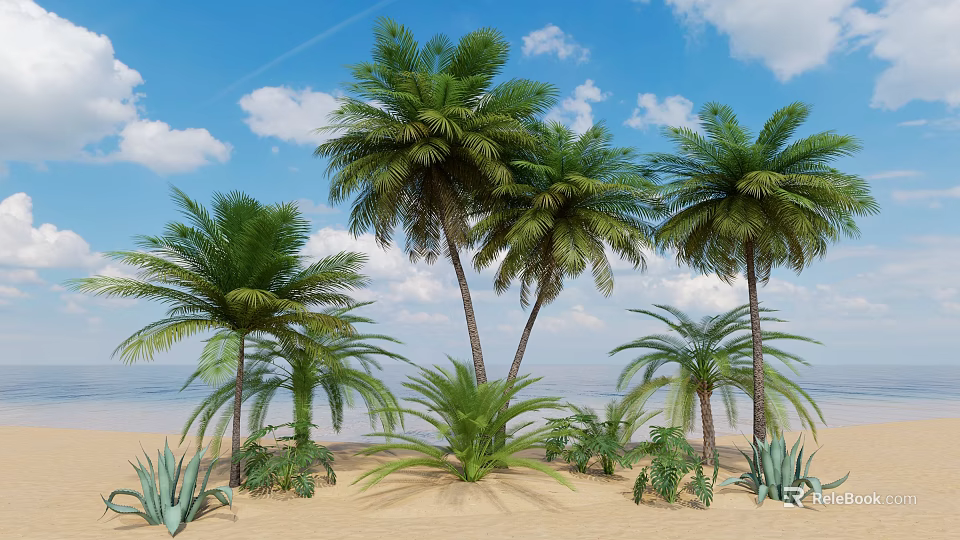 Lush Tropical Palm Trees on Sandy Beach with Blue Sky White Clouds and Small Plants 3d model 
