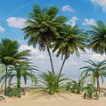 Lush Tropical Palm Trees on Sandy Beach with Blue Sky White Clouds and Small Plants