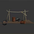 Outdoor Desert Camp Structure With Branch Frame Red Drums And Black Tires On Sandy Ground