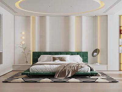 Modern Bedroom Interior With Green Headboard White Bedding And Circular Ceiling Light 3d model