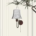 Beige Floral Wall Lamp With Wooden Base On White Vertical Striped Wall Near Green Plant