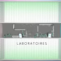 Modern Laboratories Display Counter With Green White Striped Light Panels Bottles And Containers