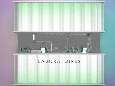 Modern Laboratories Display Counter With Green White Striped Light Panels Bottles And Containers 3d model