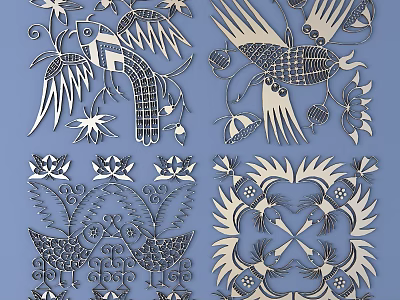 Intricate Carved Patterns With Bird Motifs Floral Designs And Symmetrical Layout 3d model