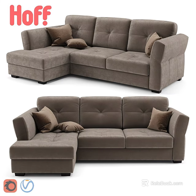 Brown Sectional Sofa With Tufted Design And Decorative Pillows In Different Views 3d model