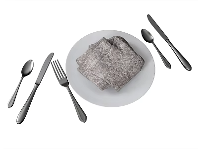 Complete Silver Dinnerware Set With White Plate Gray Napkin Knives Forks And Spoons 3d model