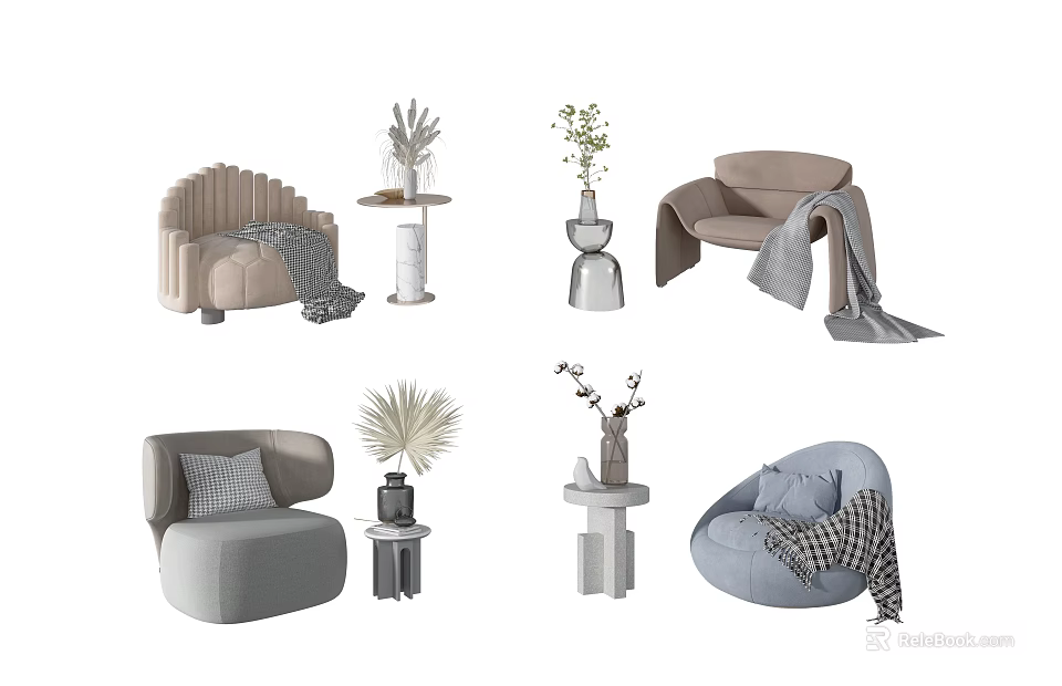 Modern Single Sofa Designs With Side Tables Vases Plants And Throw Blankets 3d model