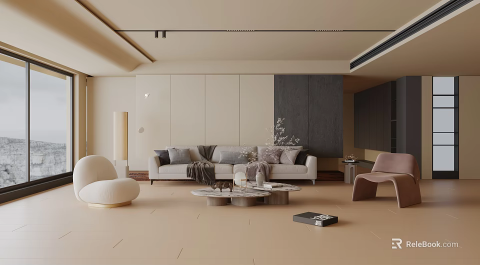 Modern Living Room Interior With Light Beige Sofa Round Armchair Dark Cabinets And Coffee Table 3d model 