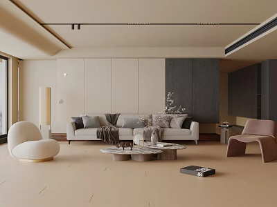 Modern Living Room Interior With Light Beige Sofa Round Armchair Dark Cabinets And Coffee Table 3d model