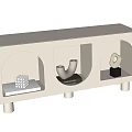 Beige TV Stand Featuring Arched Open Compartments Displaying Decorative Items With Cylindrical Legs 3d model