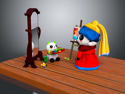 Girl With Yellow Scarf And Panda Cub Painting On Easel With Mirror On Wooden Platform 3d model