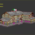 Cartoon Scene of Wooden Rural Villa With Gray Roof Chimney and Reflective Water Surface