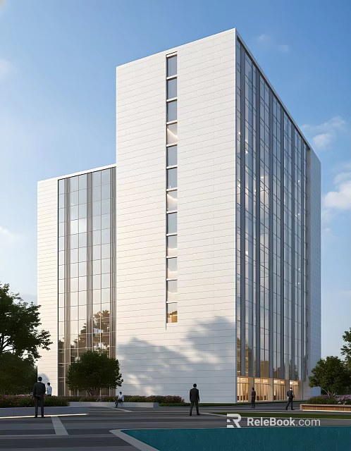 Modern High Rise Hotel Building With Glass Facade And White Exterior Design 3d model 