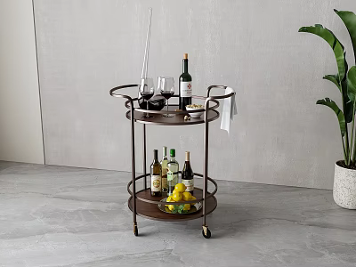 Two Tiered Side Table With Wheels Wine Glasses Decanter Wine Bottles Lemons And Green Plant 3d model