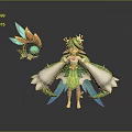 Fantasy Female Character With Pink Hair Green White Outfit Floral Crown And Feathered Orb