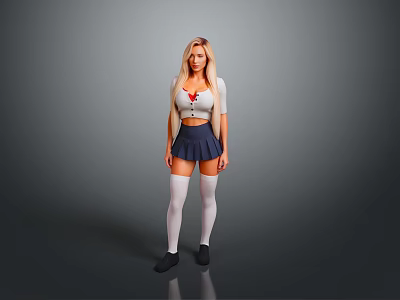 Woman In White Top And Blue Skirt With White Thigh High Socks On Gray Background 3d model