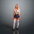 Woman In White Top And Blue Skirt With White Thigh High Socks On Gray Background