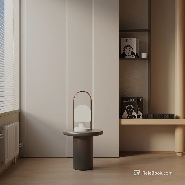 Modern Minimalist Side Table With Grey Base And White Lamp Near Window 3d model 