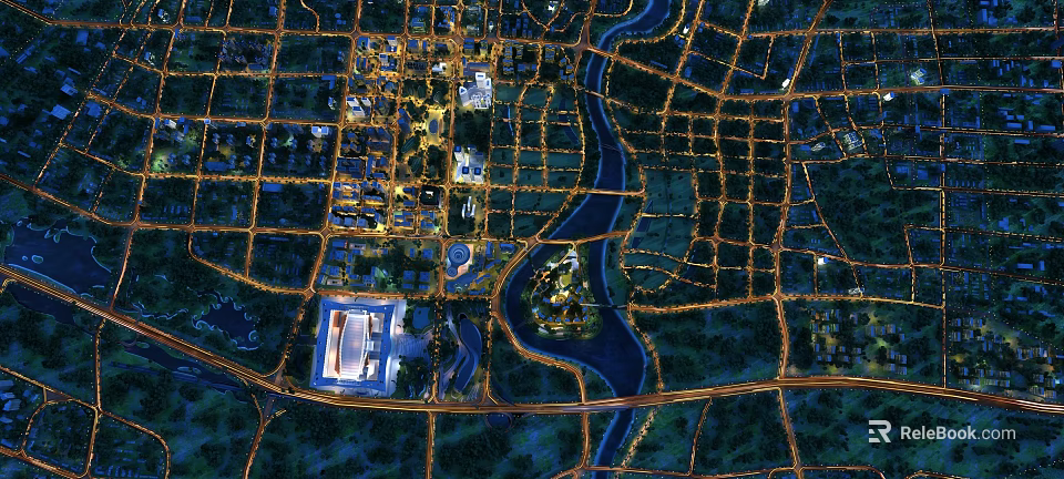 Aerial Planning of Urban Layout with River Road Network Green Spaces and Lighting 3d model 