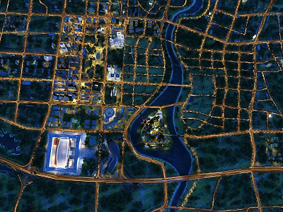 Aerial Planning of Urban Layout with River Road Network Green Spaces and Lighting 3d model