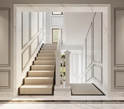 Staircase Interior Design With Beige Steps White Railings And Paneled Walls 3d model