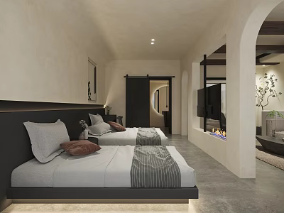 Hotel Guest Room With Twin Beds Dark Headboard And Minimalist Modern Bedding Light Walls 3d model
