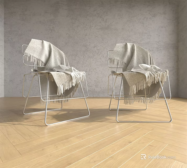 Two Leisure Chairs With Metal Frame And Gray Blanket Against Gray Wall On Wooden Floor 3d model 