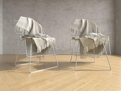 Two Leisure Chairs With Metal Frame And Gray Blanket Against Gray Wall On Wooden Floor 3d model