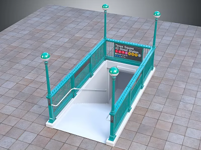 Urban Subway Station Entrance With Teal Railings Lamp Posts Digital Display And Staircase 3d model