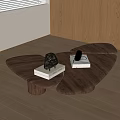 Modern Walnut Coffee Table With Unique Irregular Shape And Decorative Items On Top 3d model