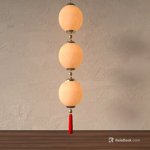 Three Light Colored Round Lanterns Connected Together With Red Tassels On Gray Wall Background 3d model 