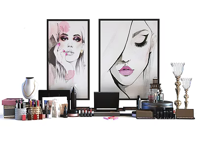 Stylish Perfume Cosmetics Display With Women's Face Paintings And Decorative Items 3d model