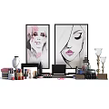 Stylish Perfume Cosmetics Display With Women's Face Paintings And Decorative Items