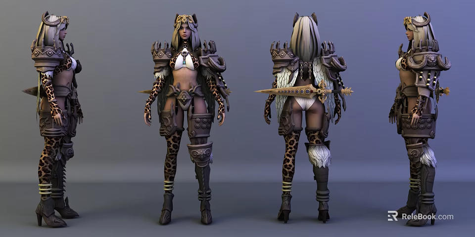 Mythical Game Movie Character With Leopard Print Armor And Sword Front Back Views 3d model 