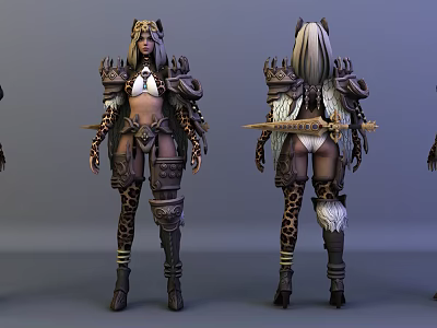 Mythical Game Movie Character With Leopard Print Armor And Sword Front Back Views 3d model