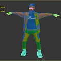 Man In Orange And Blue Ski Suit With Blizzard Arms Outstretched Wearing Hat And Goggles